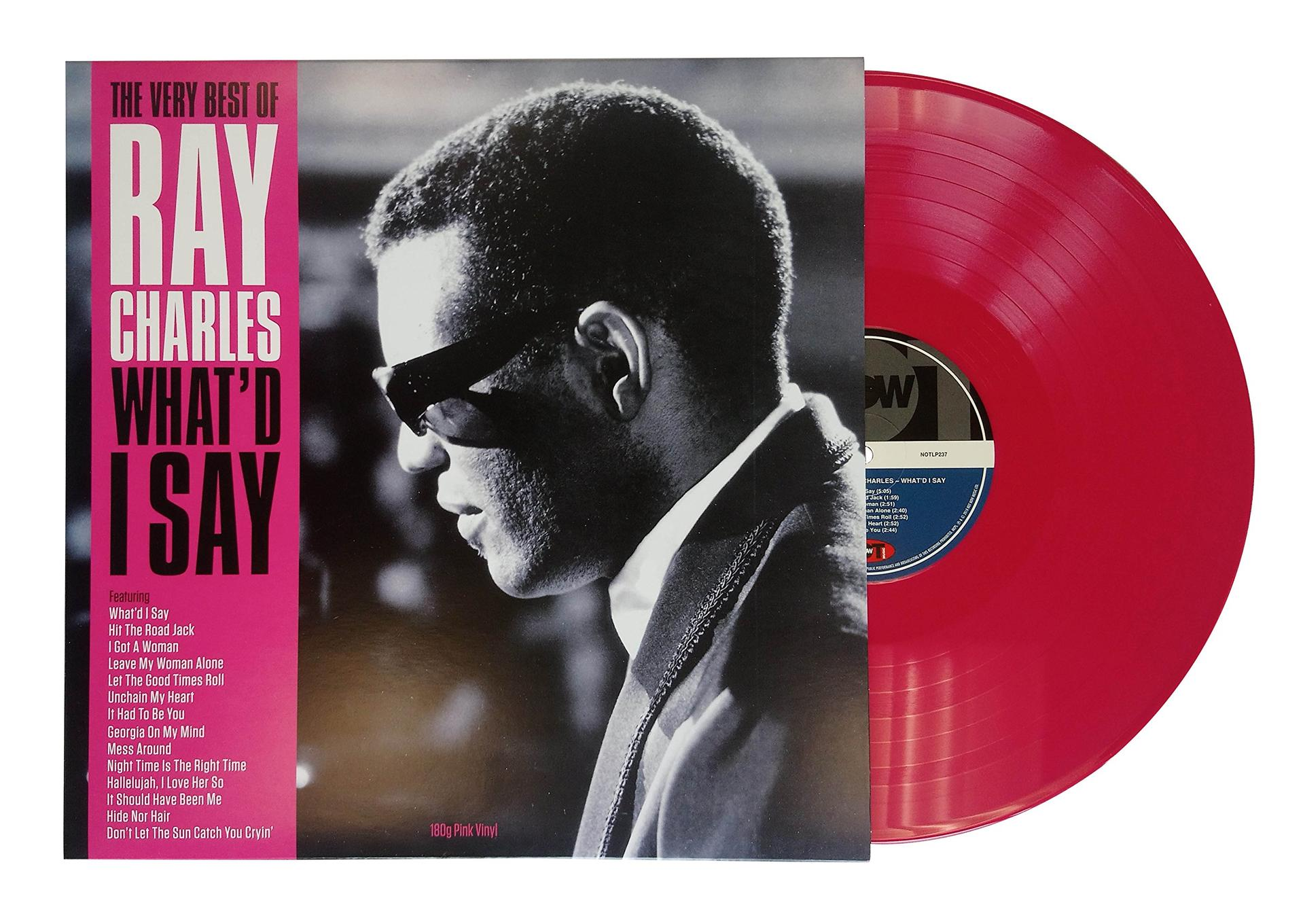 Ray Charles album borítója, piros bakelit lemez, fekete-fehér fotó és szöveg.