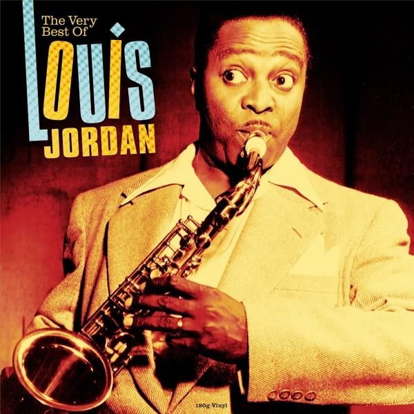 Album borító Louis Jordan-nel szaxofonozva. A cím nagy kék és sárga betűkkel van.