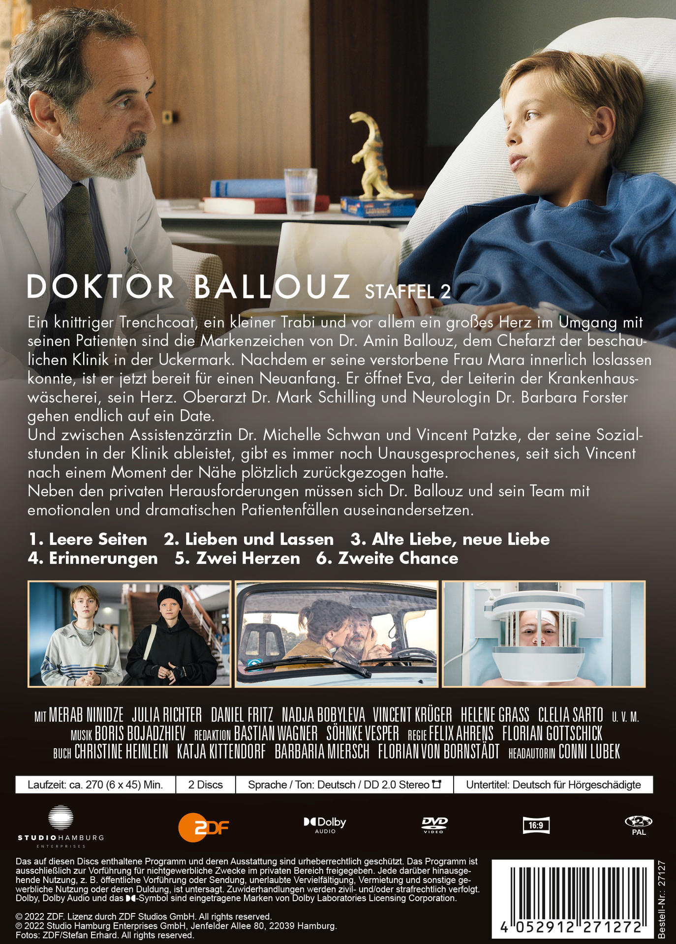 Rückseite einer DVD-Hülle mit Gesichtern von Schauspielern und Text auf Deutsch, Werbung für eine Fernsehsendung.