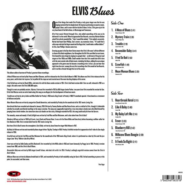 Fekete-fehér szöveg az Elvis Blues albumról.