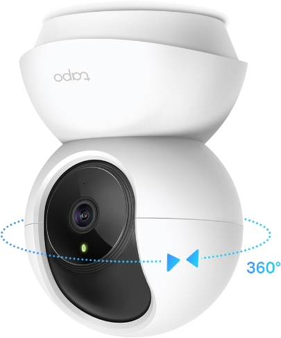 Witte beveiligingscamera met zwarte lens. Blauwe pijlen geven 360° rotatie aan.