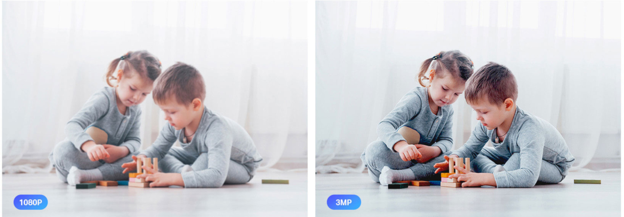 Twee afbeeldingen naast elkaar die 1080P vs 3MP resolutie vergelijken van twee kinderen die met blokken spelen.