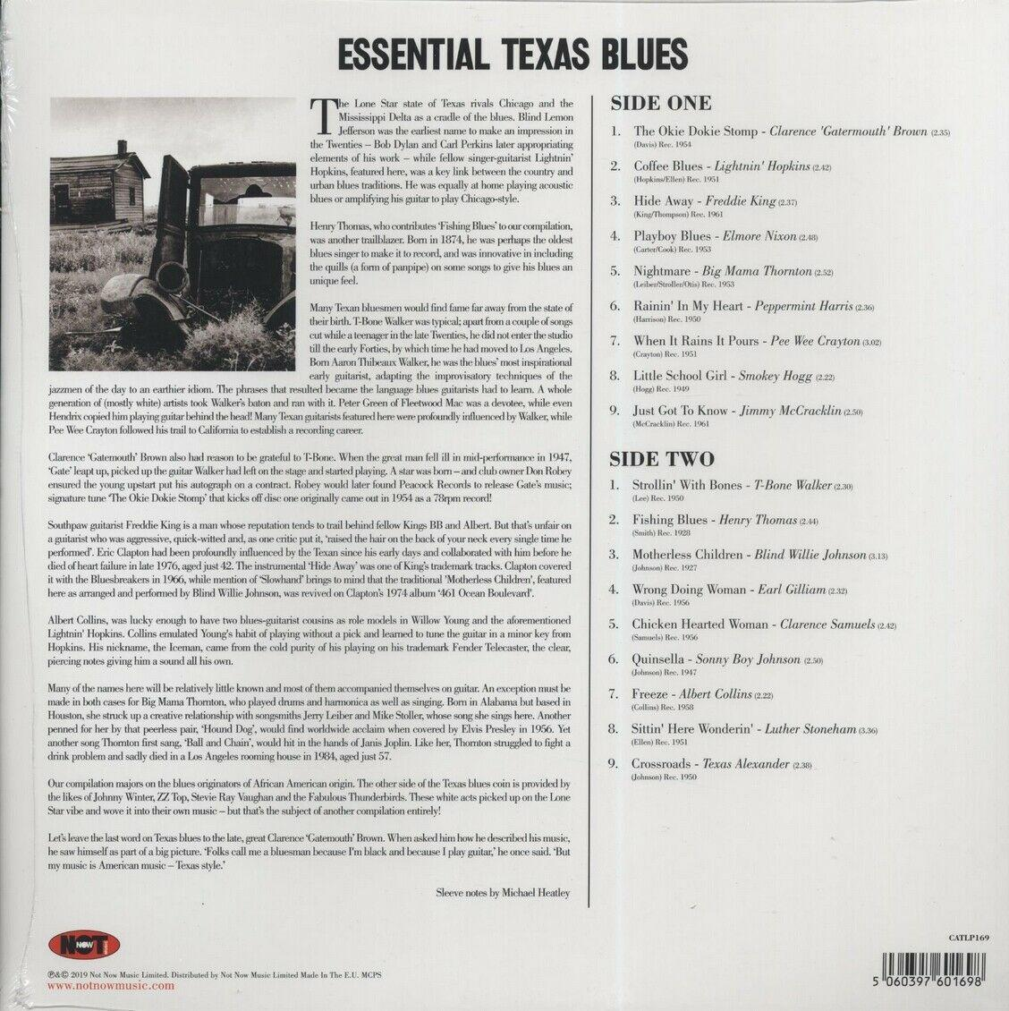 Essential Texas Blues hanglemez hátlapja szöveggel és dallistával.