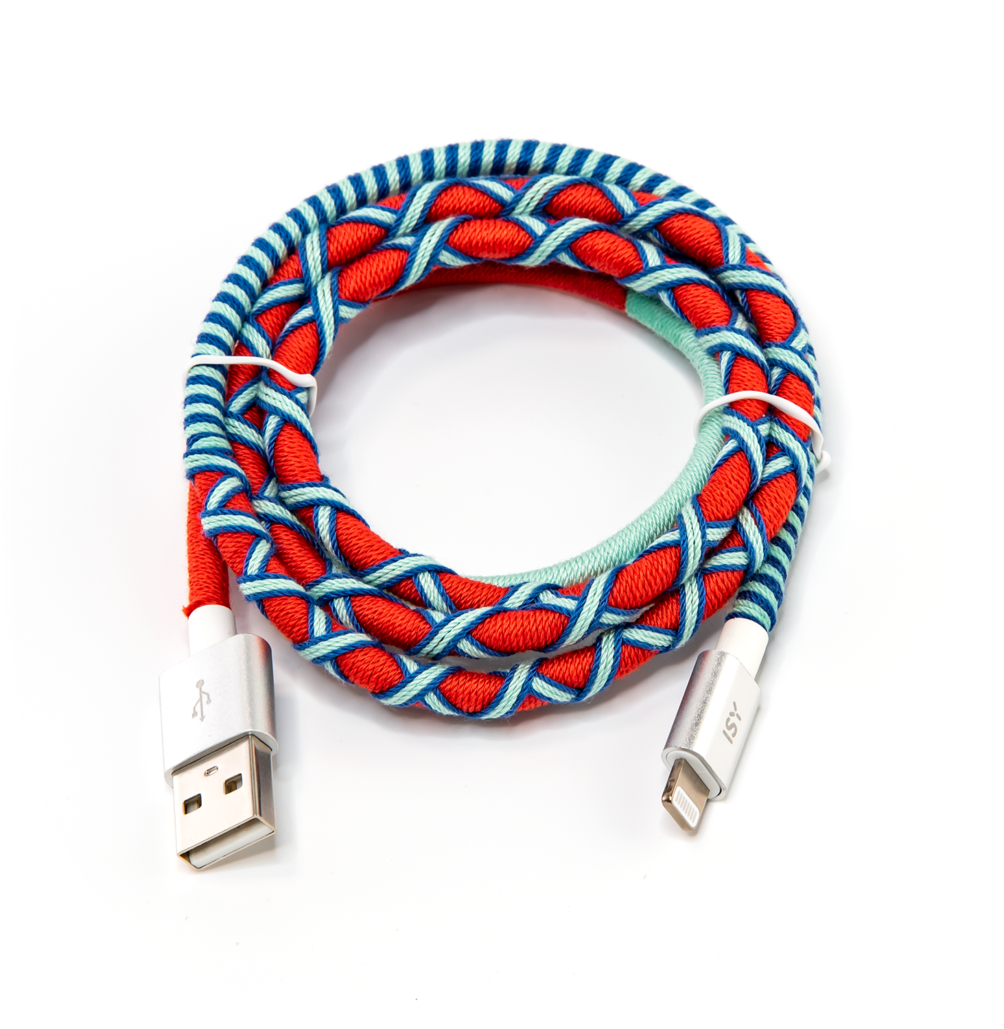 A red USB cable with a braided design in blue and turquoise, with silver connectors.