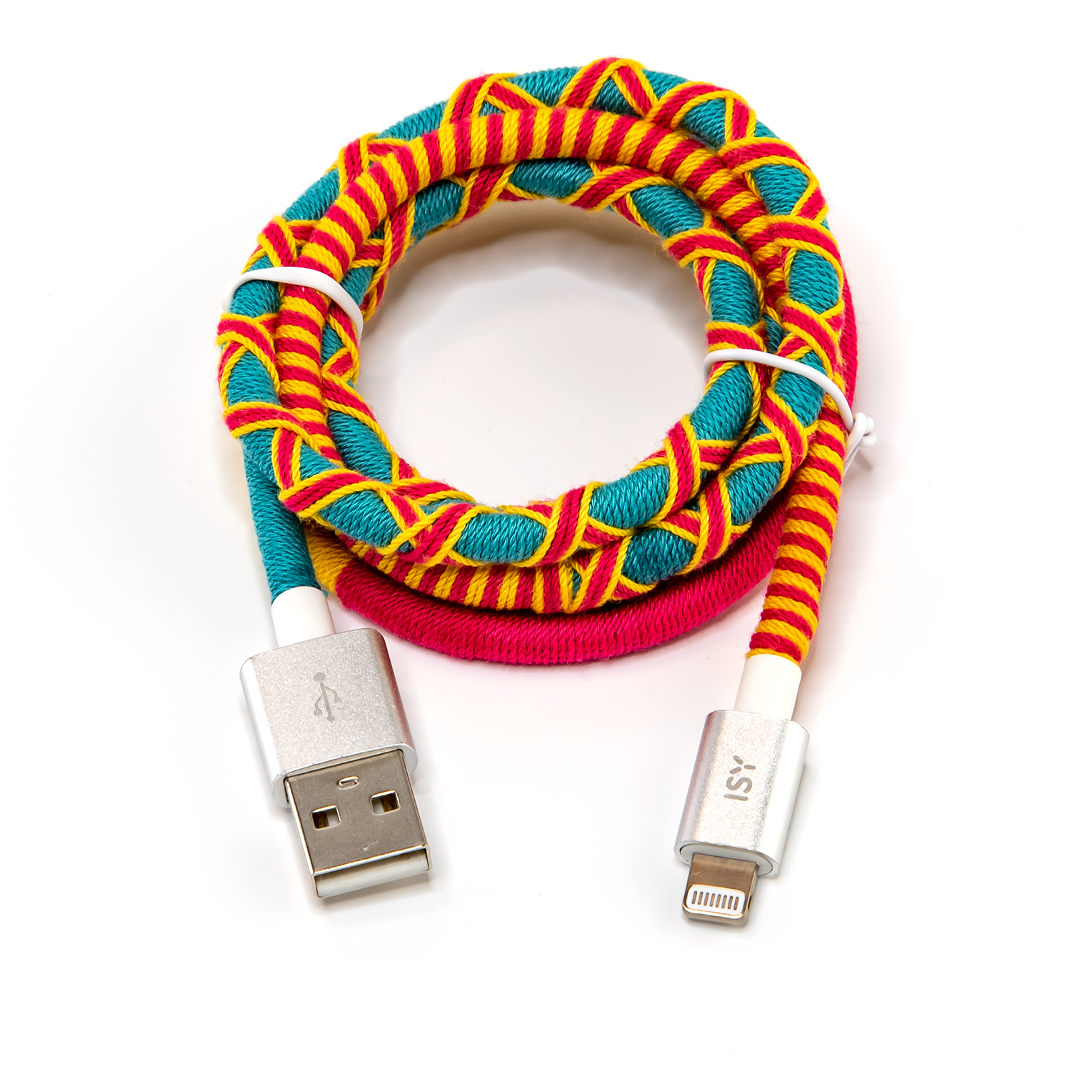 Coiled USB charging cable. Blue and yellow woven cord. Silver connectors. White background.