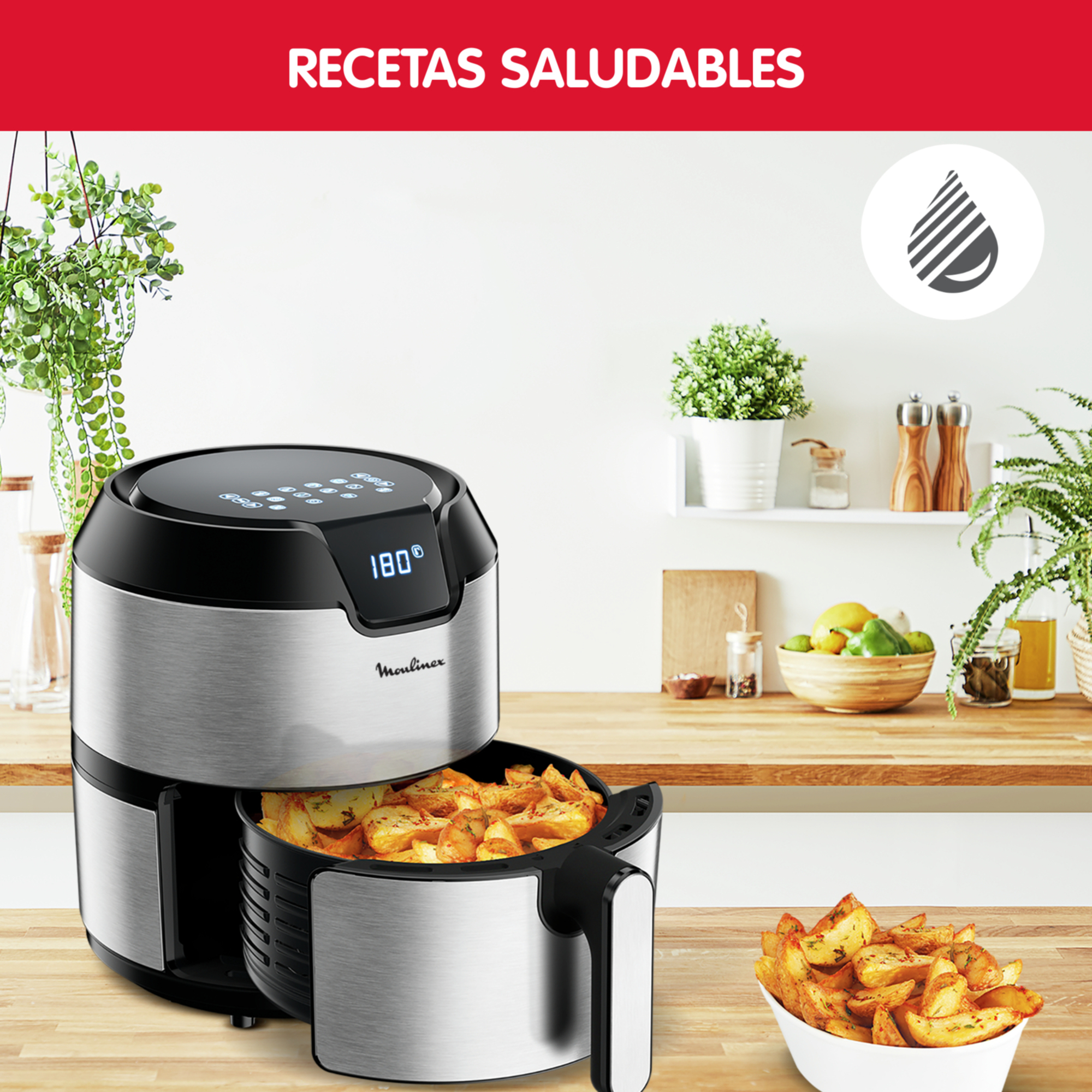 Una freidora de aire con un cuenco de patatas fritas y un cuerpo de acero inoxidable, sobre una superficie de madera.
