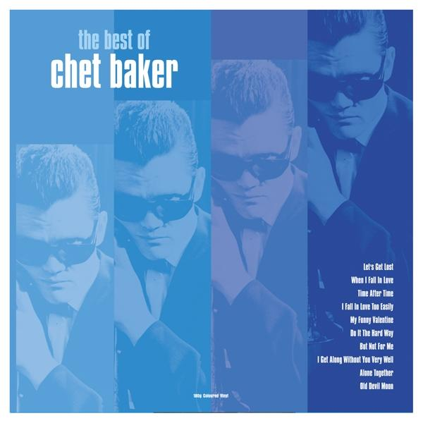 Album borító, 'The Best of Chet Baker', képek kollázsa, kék tónusok és fehér szöveg.