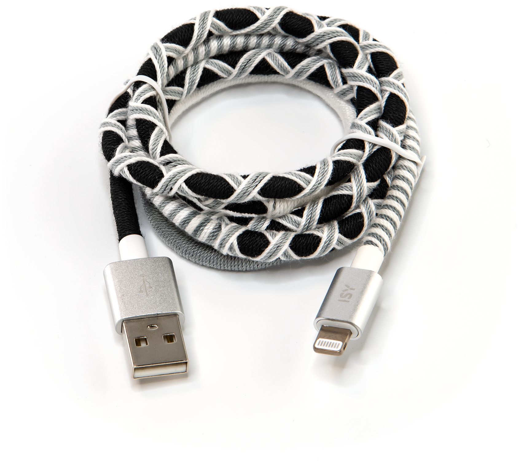 Braided phone charger cable with metal ends.