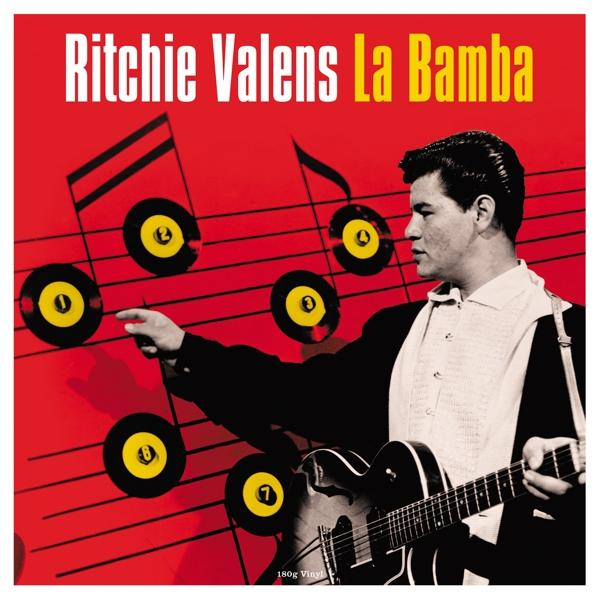 Album borító: Ritchie Valens, fekete öltöny, gitár, piros háttér, kották és lemezek. Cím: 'La Bamba'.