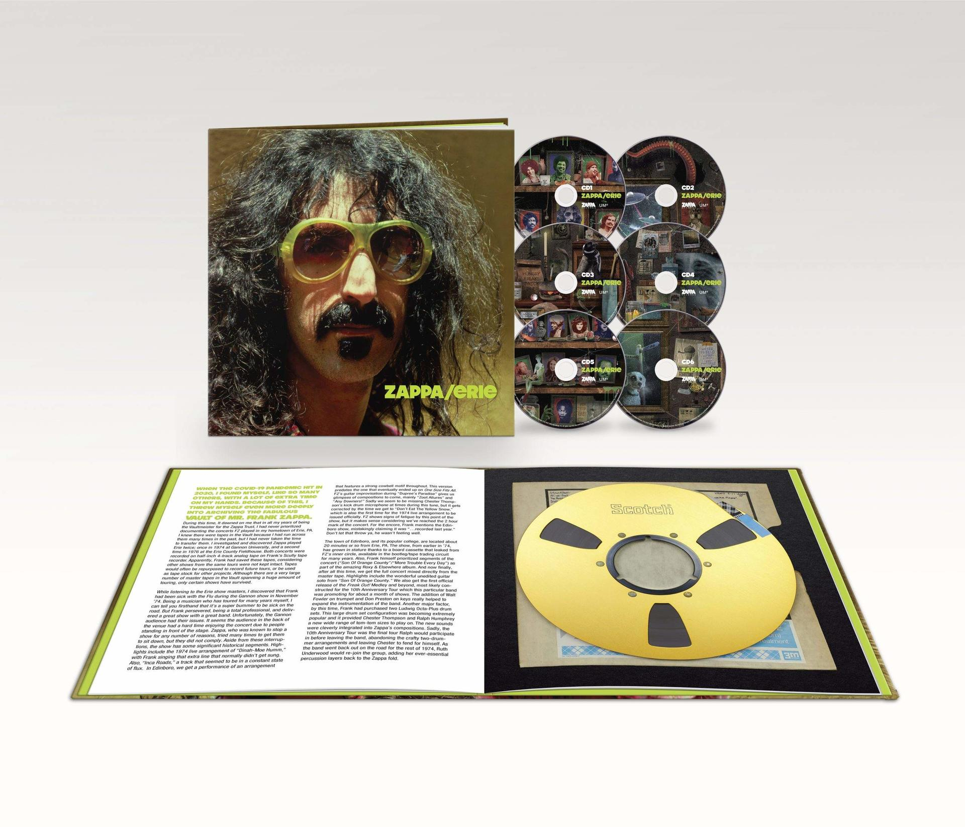 Dobozkészlet Frank Zappa arcával, több CD-vel és egy orsószalaggal.