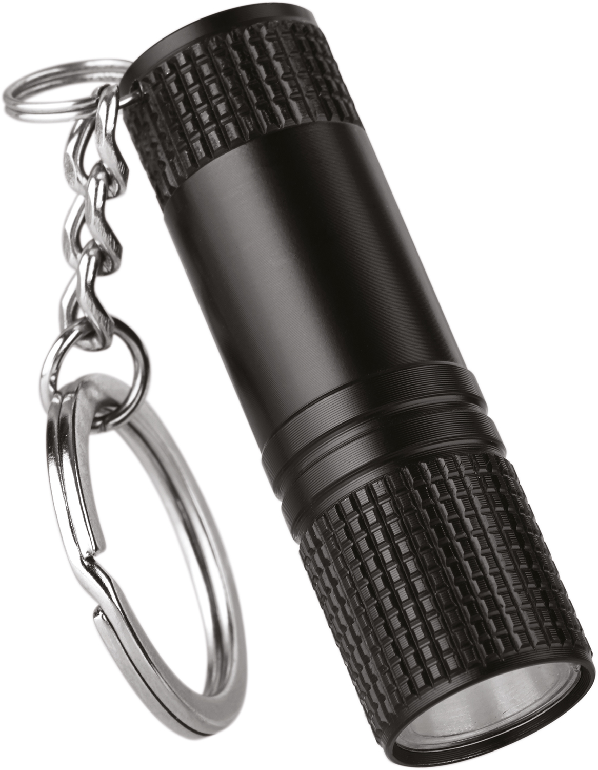 A black flashlight with a silver chain.