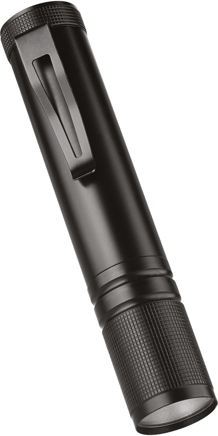 Black flashlight with a clip. The end has a textured grip. The background is white.