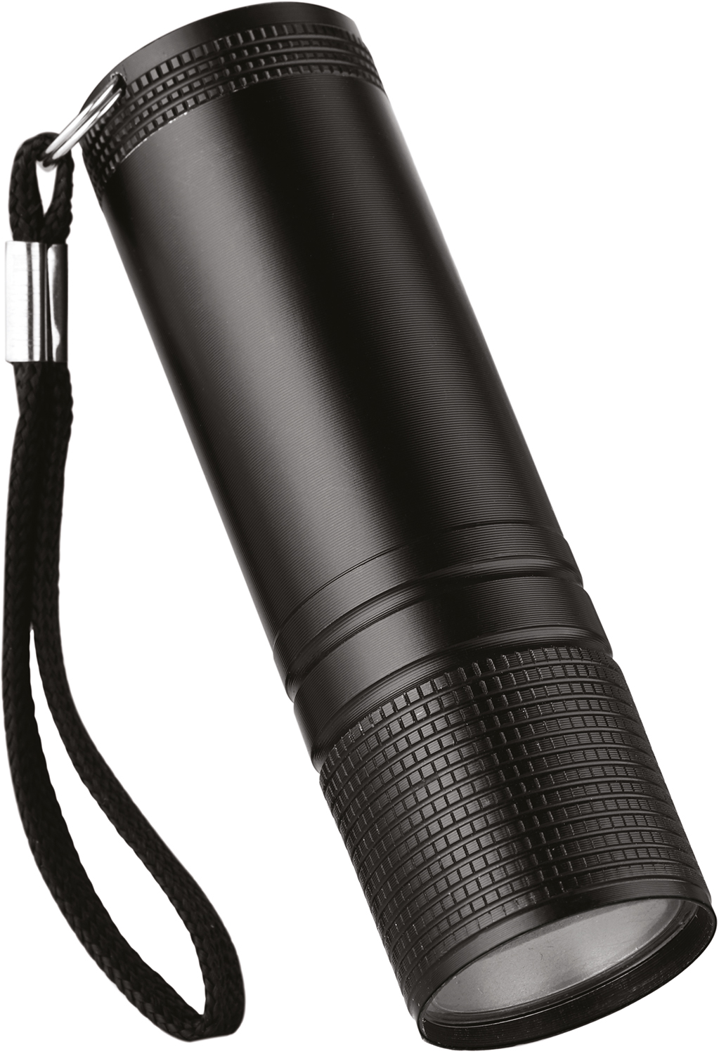 Black flashlight with a black strap. The flashlight is angled and the top is textured.