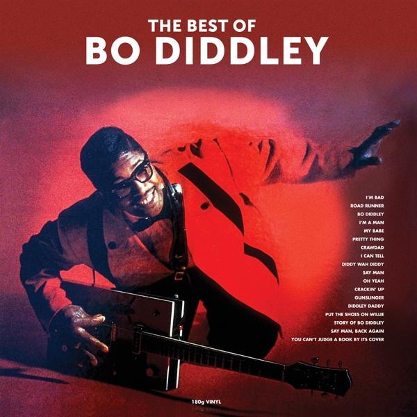Bo Diddley gitárral, piros háttér előtt. A lemez a 'The Best Of Bo Diddley'.