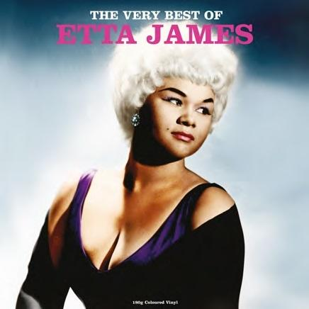Etta James album borító. Egy fehér hajú nő, lila ruhában, kék háttéren.
