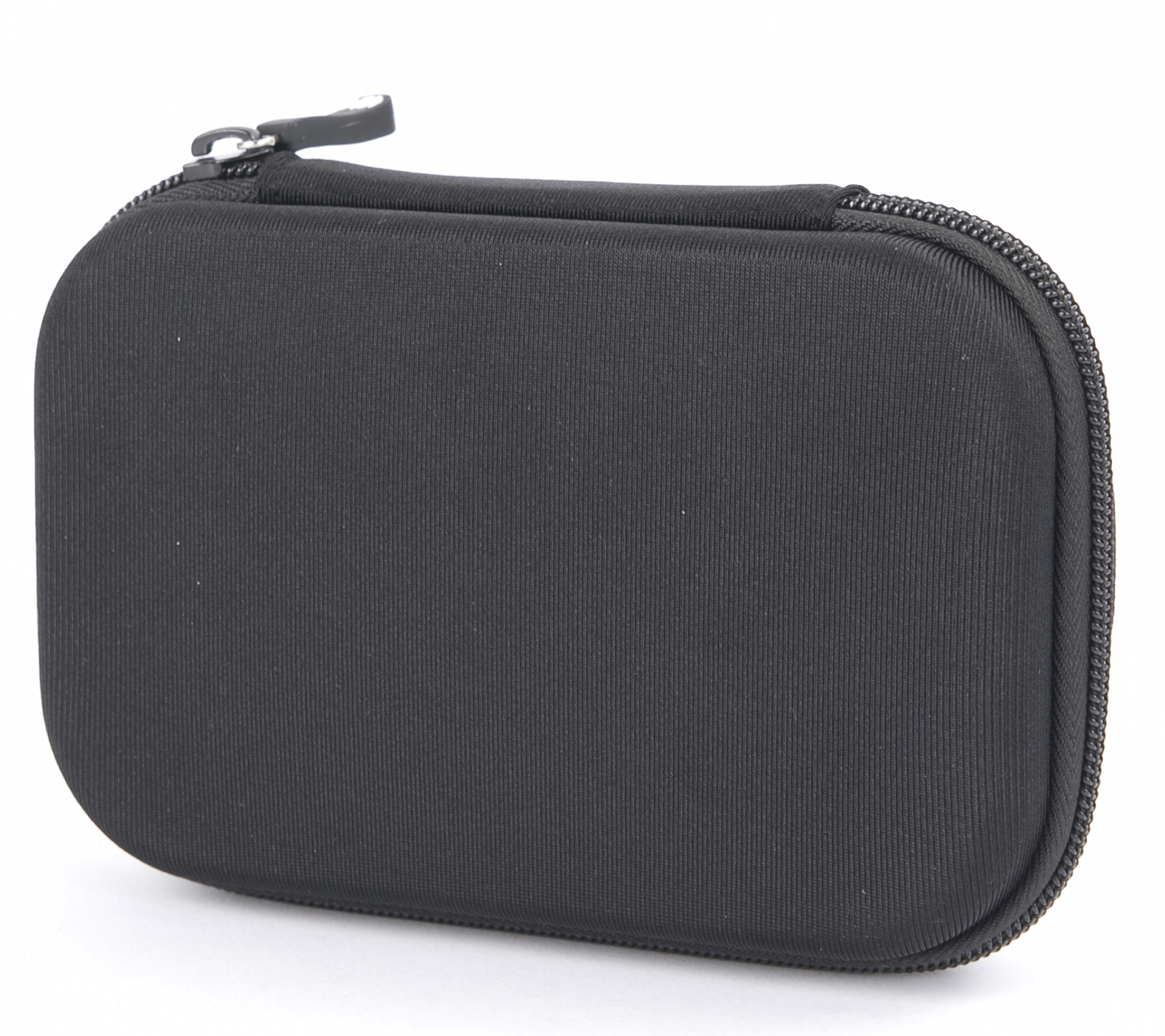 Black, oval-shaped, zipped case. Features a zipper pull. White background.