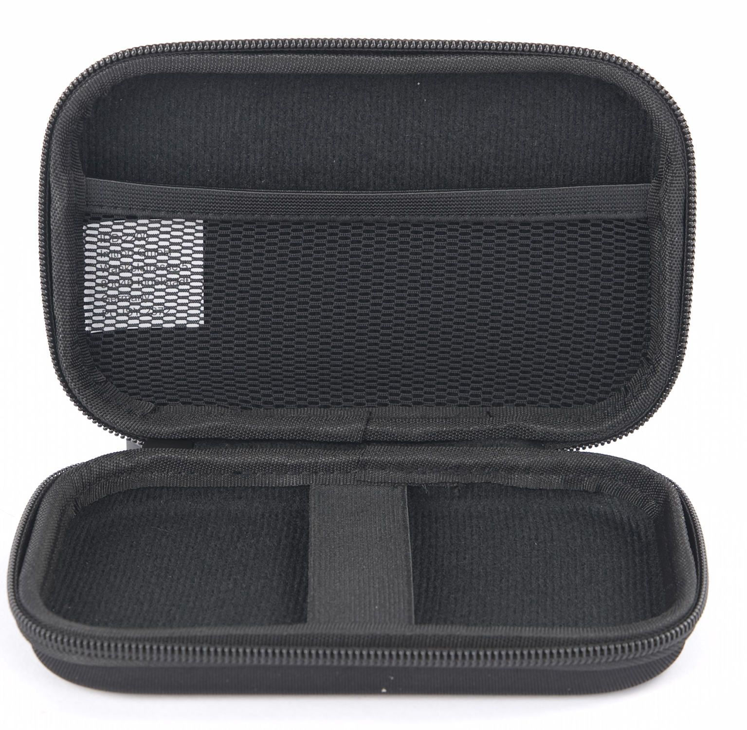 An open black travel case, with a mesh pocket and a strap inside. The case is empty.