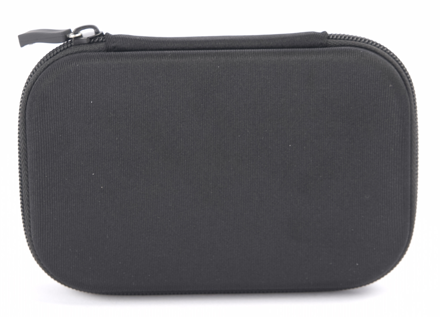 Black, oval-shaped carrying case for small electronics. Zipper closure on top.