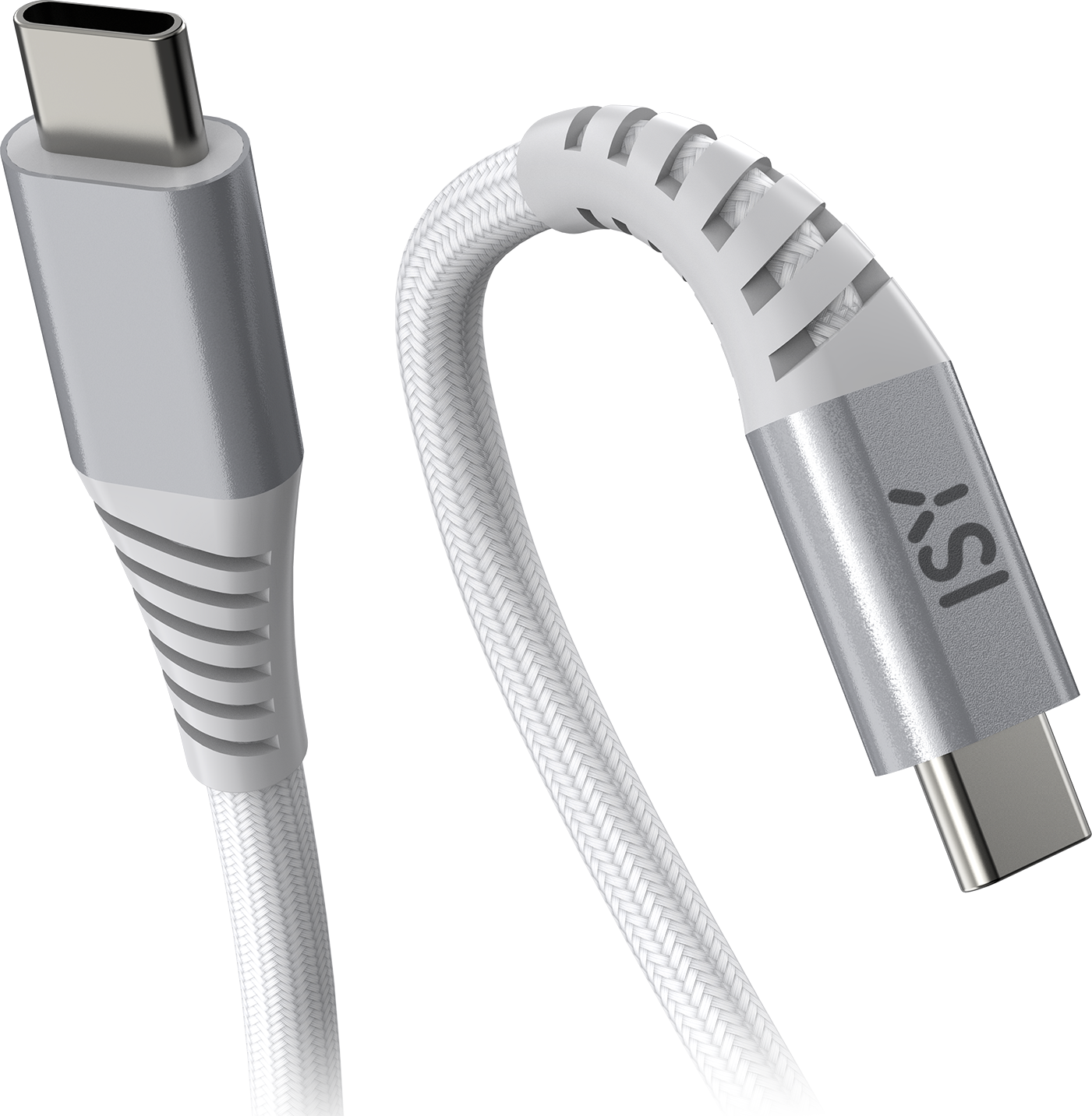 Twee USB-C kabels. Eén is wit, één is grijs. Beide hebben connectoren.