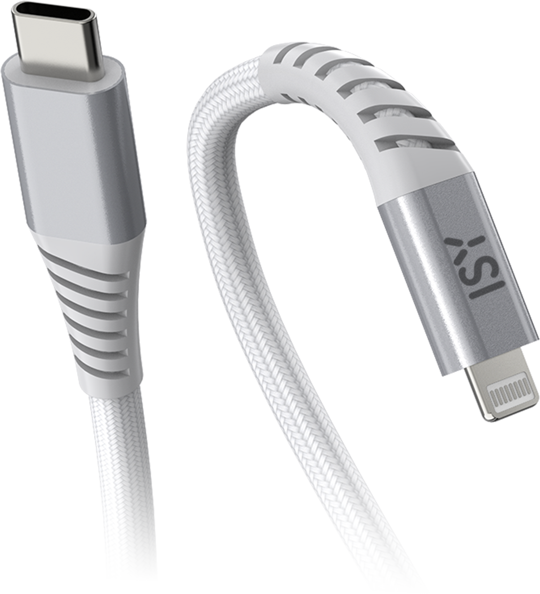 Witte USB-C naar lightning-kabel. Zilveren connectoren, witte gevlochten kabel.