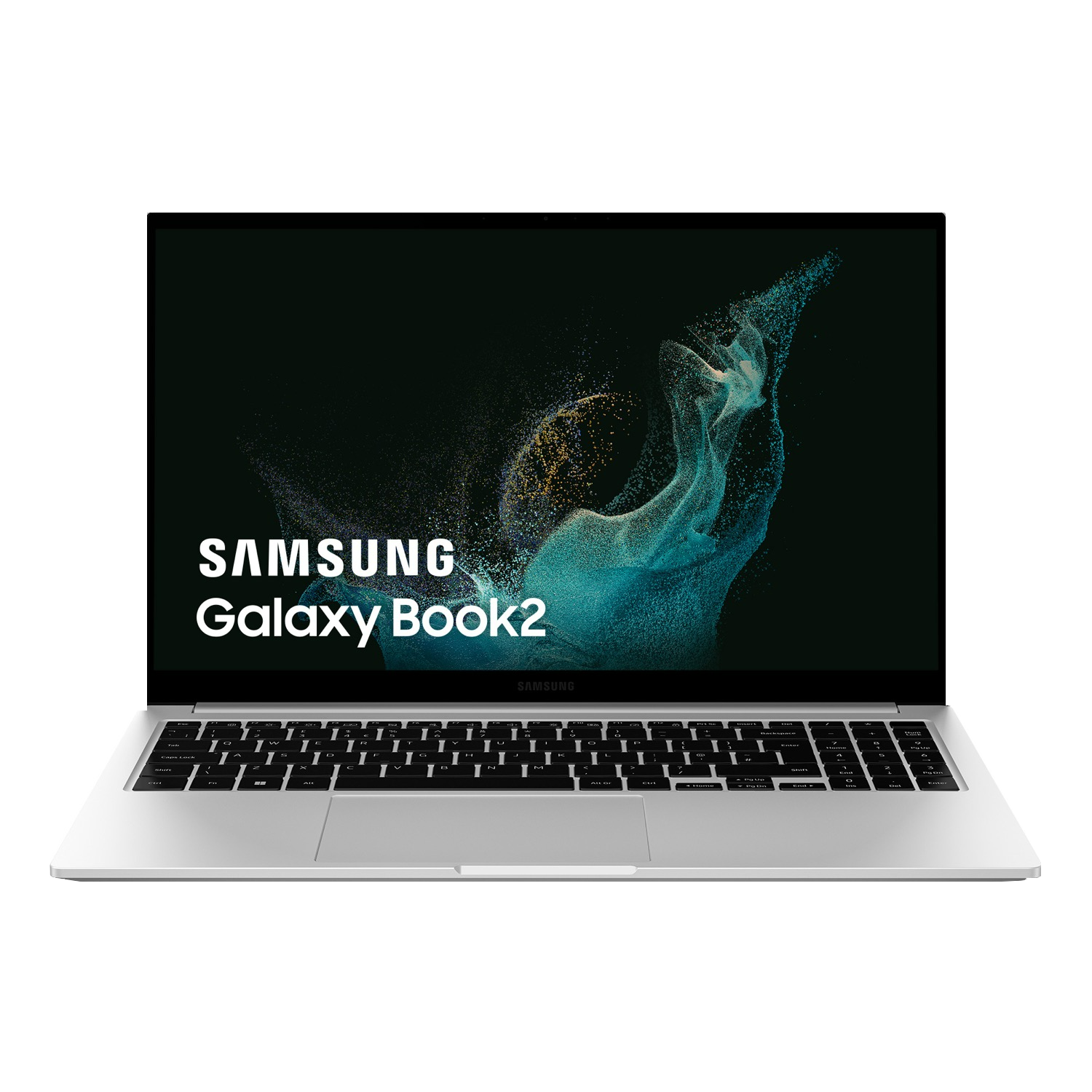 Una computadora portátil plateada Samsung Galaxy Book2 se muestra abierta sobre un fondo negro, mostrando una pantalla.