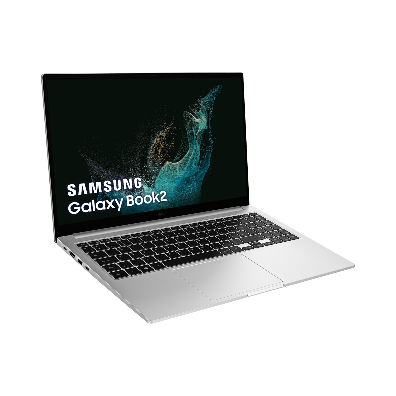 Laptop Samsung Galaxy Book2 plateado, abierto. La pantalla muestra fondo verde borroso y logo.