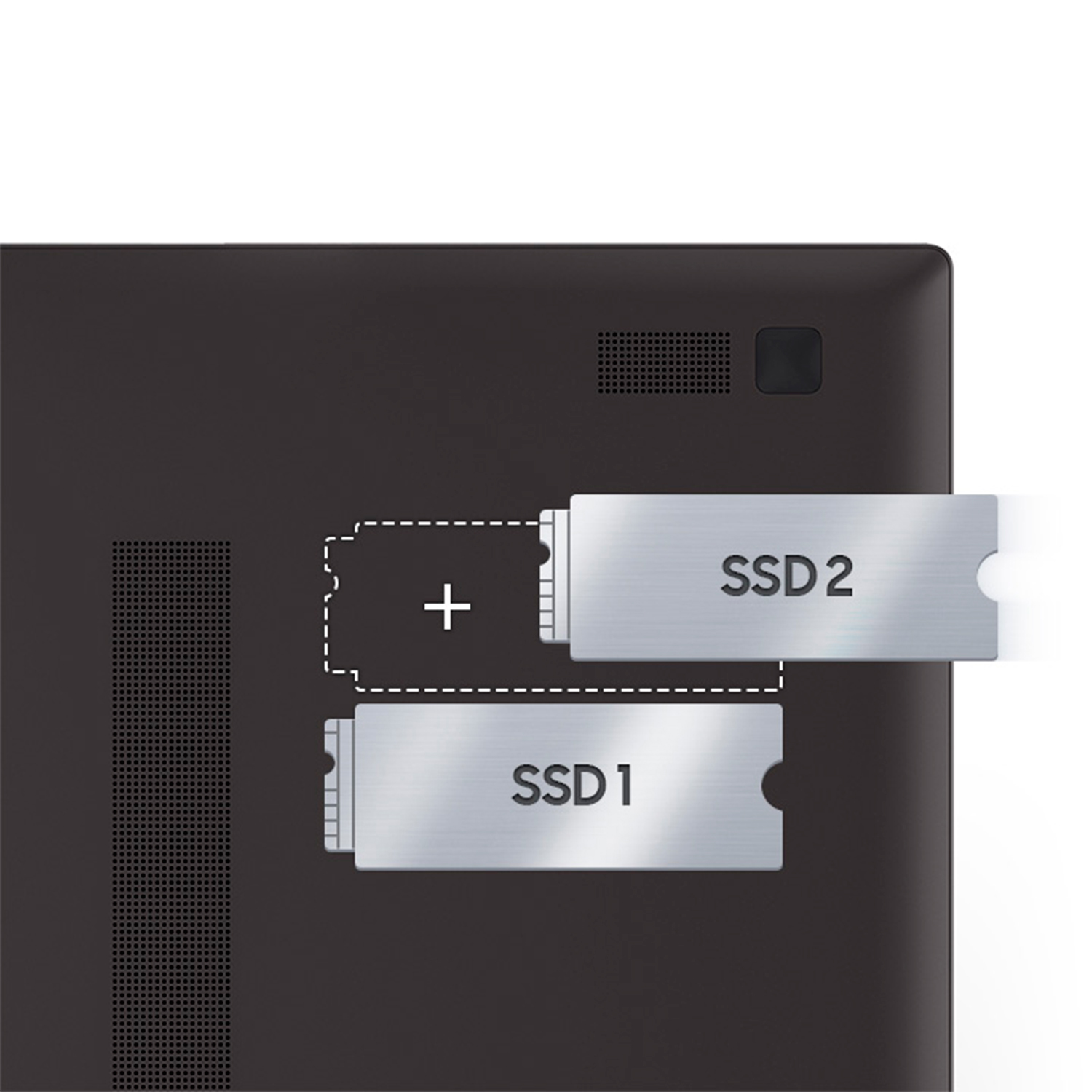 Parte trasera de la computadora portátil. Dos SSD etiquetados como SSD1 y SSD2. Un símbolo + entre ellos.