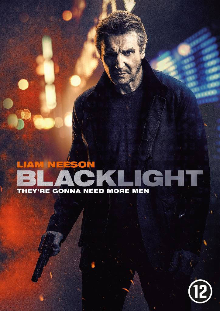 Movie poster of Liam Neeson. The title is Blacklight. He is holding a gun.