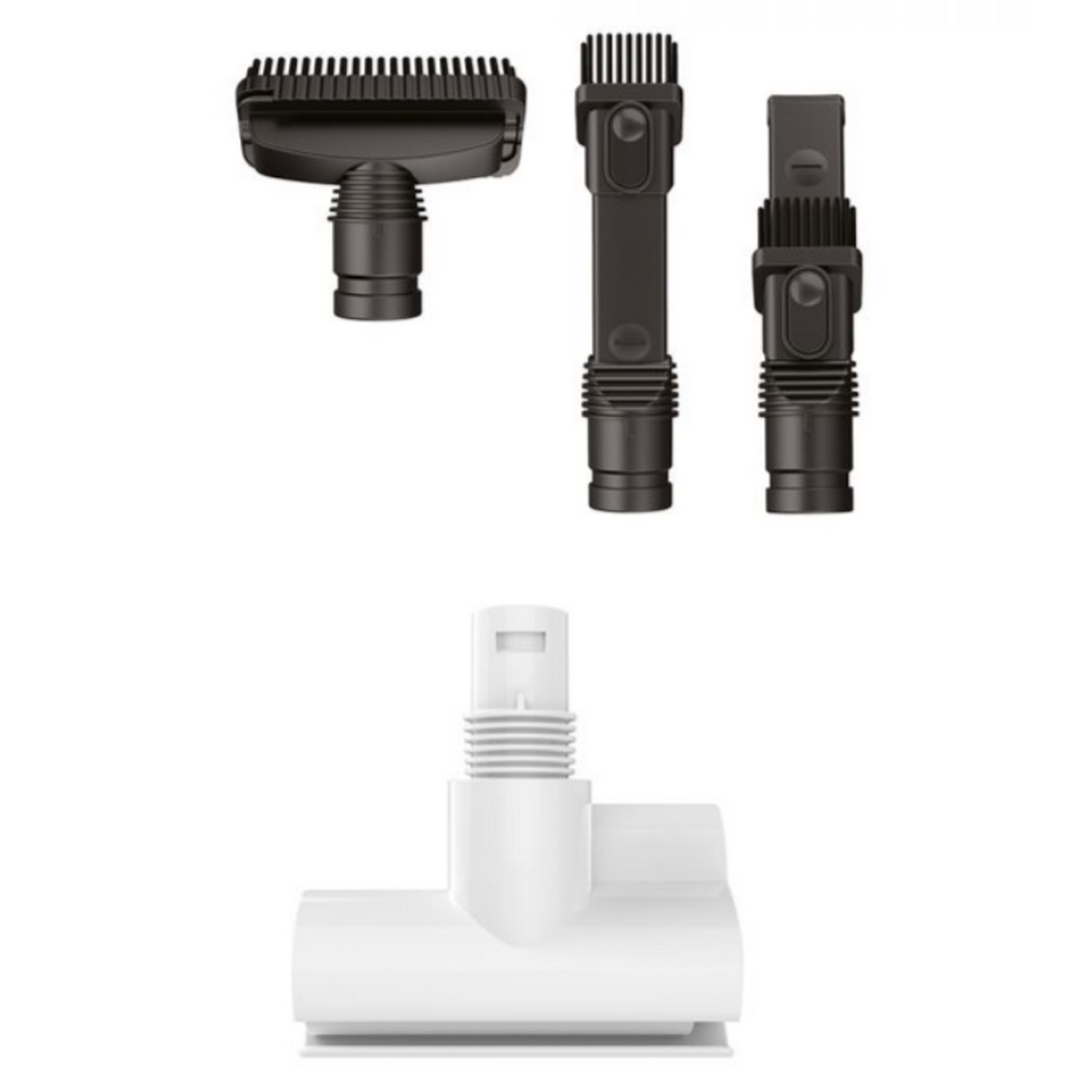 Varios accesorios de aspiradora en blanco y negro, incluyendo cepillos y boquillas. Fondo blanco.