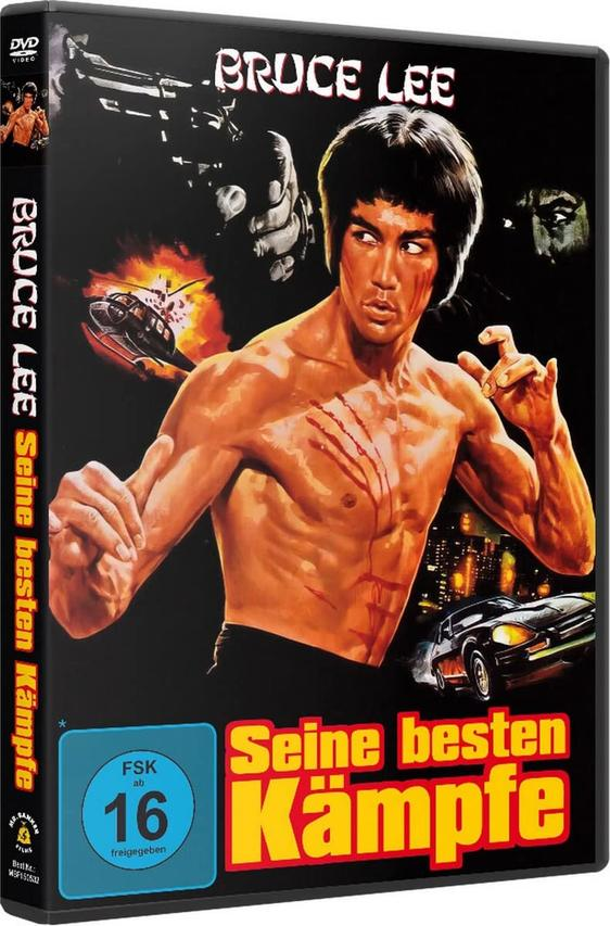 Bruce Lee Film-DVD-Cover mit Bruce Lee. Schwarzer Hintergrund mit Flammen und Autobildern.