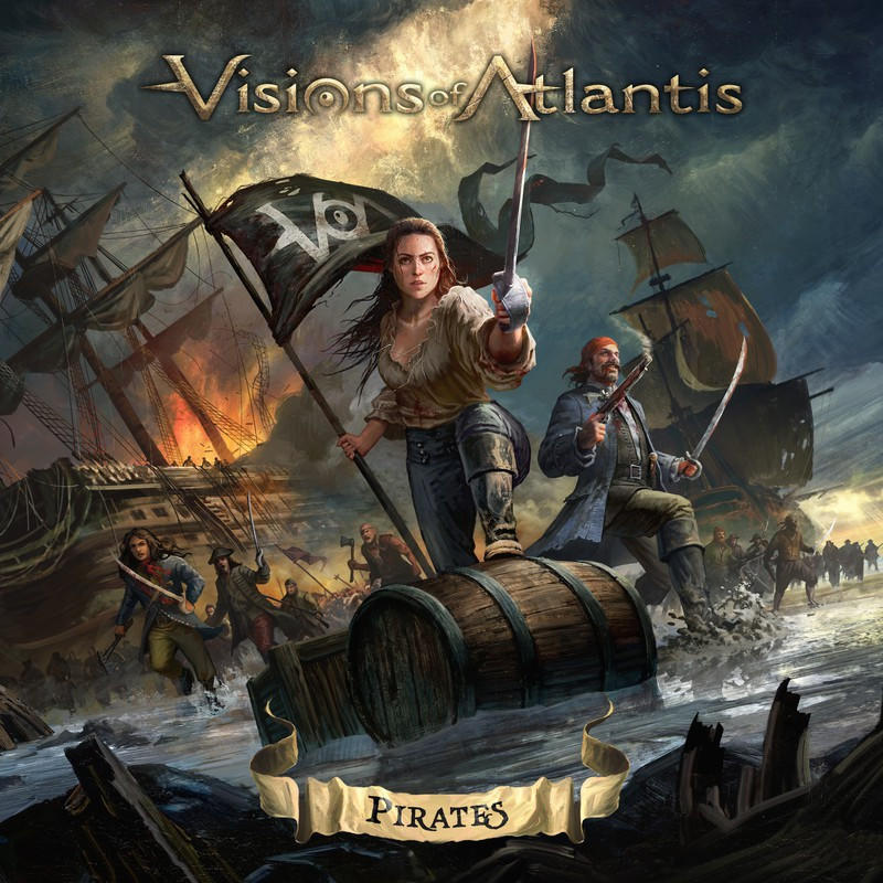Album borító: Visions of Atlantis. Kalózok hajókon, nő zászlóval, kardok, drámai égbolt.