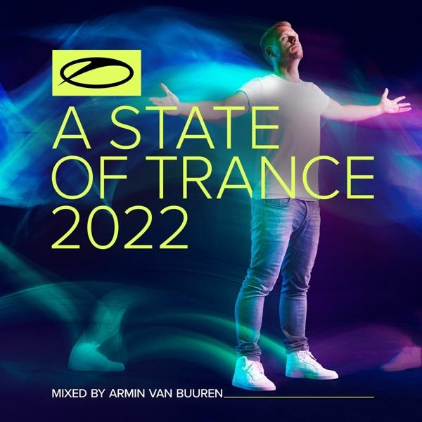 A State of Trance 2022 album borítója. Karjait széttáró férfi, neonkék és lila háttérrel.