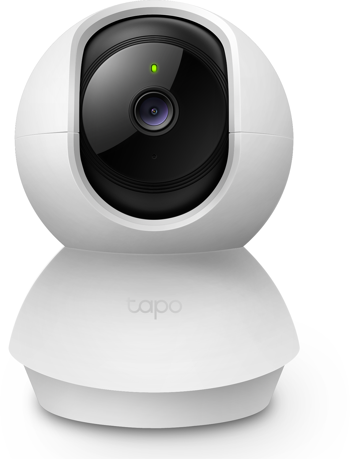White security camera, black lens, green light, Tapo logo. White background.