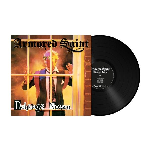 Az Armored Saint 'Delirious Nomad' albumának borítója. Egy öltönyös férfi egy ablak mögött, mellette egy bakelit lemez.