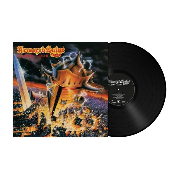 Az Armored Saint 'Raising Fear' című albumának borítója. Egy lovaghoz hasonló szerkezetet, kardot, város pusztítását és fekete bakelitlemezt ábrázol.
