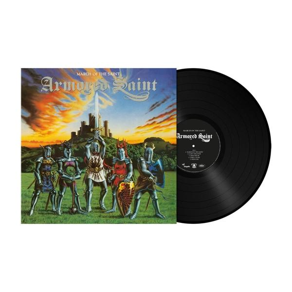 Album borító: 'Armored Saint - March of the Saint' és egy bakelit lemez jobbra.