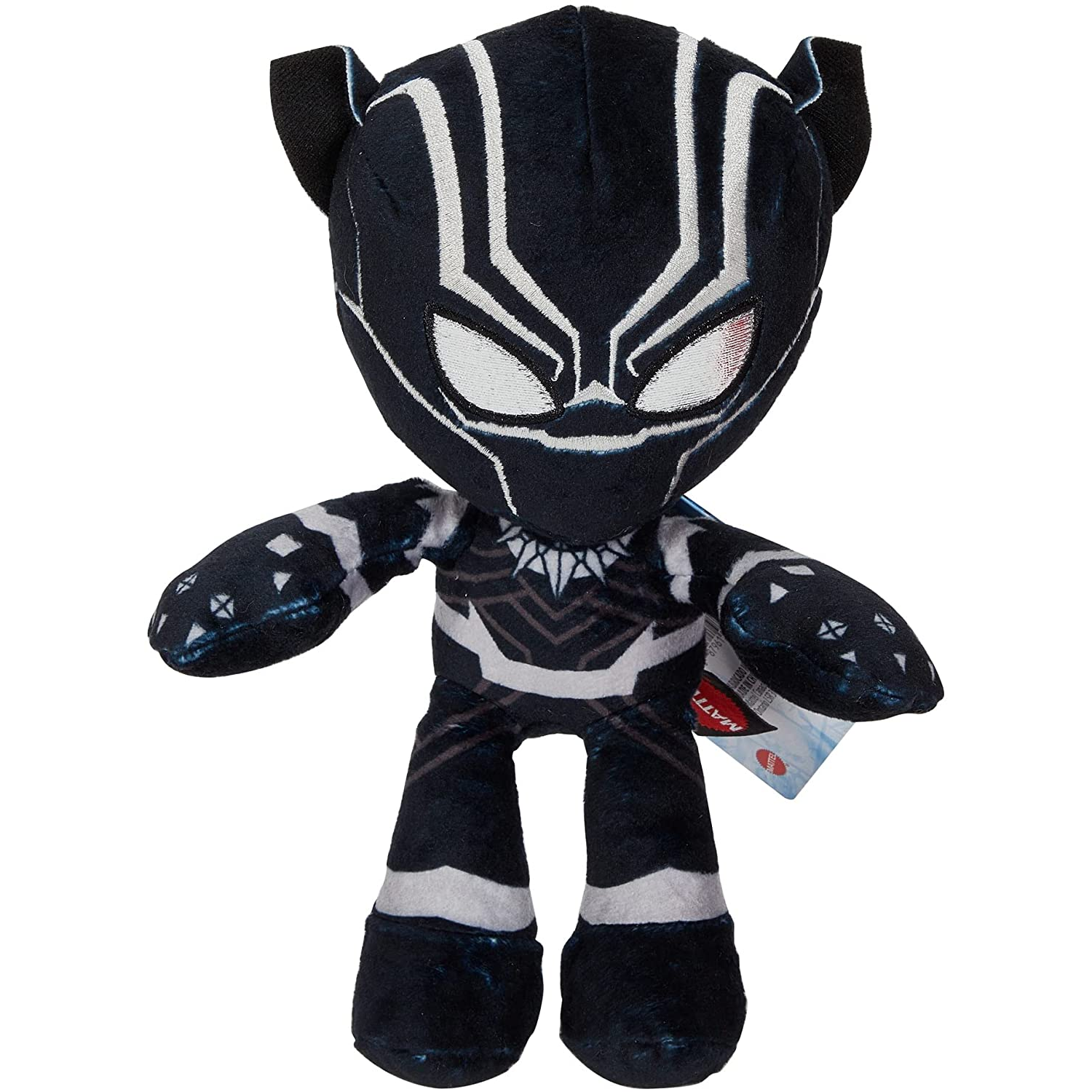 Peluche de Pantera Negra. Tiene un disfraz blanco y negro y está sobre un fondo blanco.
