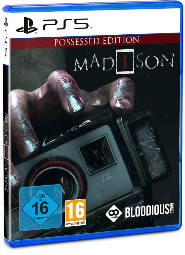 PS5-Spielhülle: Titel 'MADISON', Hand hält Kamera, Blutflecken, PEGI 16-Einstufung.