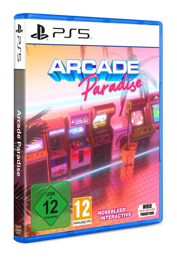 Arcade Paradise PS5-Spielcover. Spielautomaten, ein gelber Eimer und eine Retro-Ästhetik.
