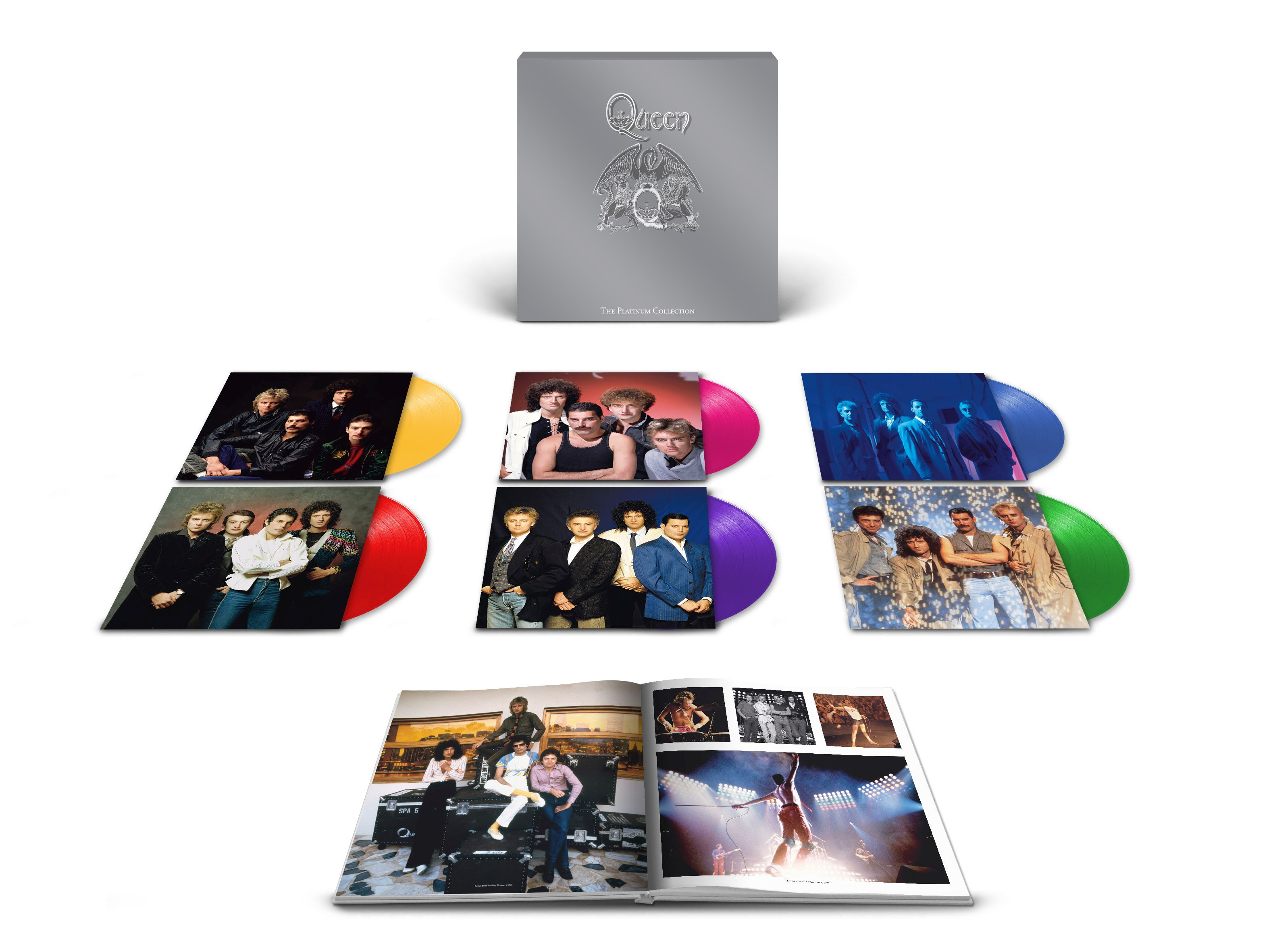 Queen-Album-Sammlung, enthält Schallplatten, Albumcover und ein Buch.