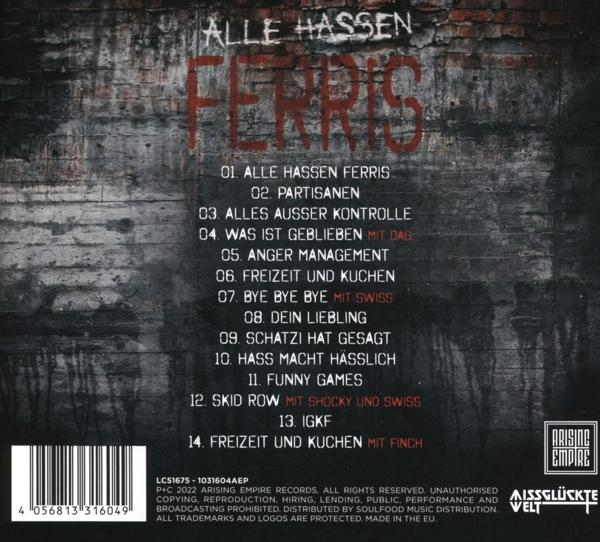 CD-Cover mit Titelliste für „Alle Hassen Ferris“. Es ist vor einem Backsteinmauer-Hintergrund. Text ist in Weiß und Rot.