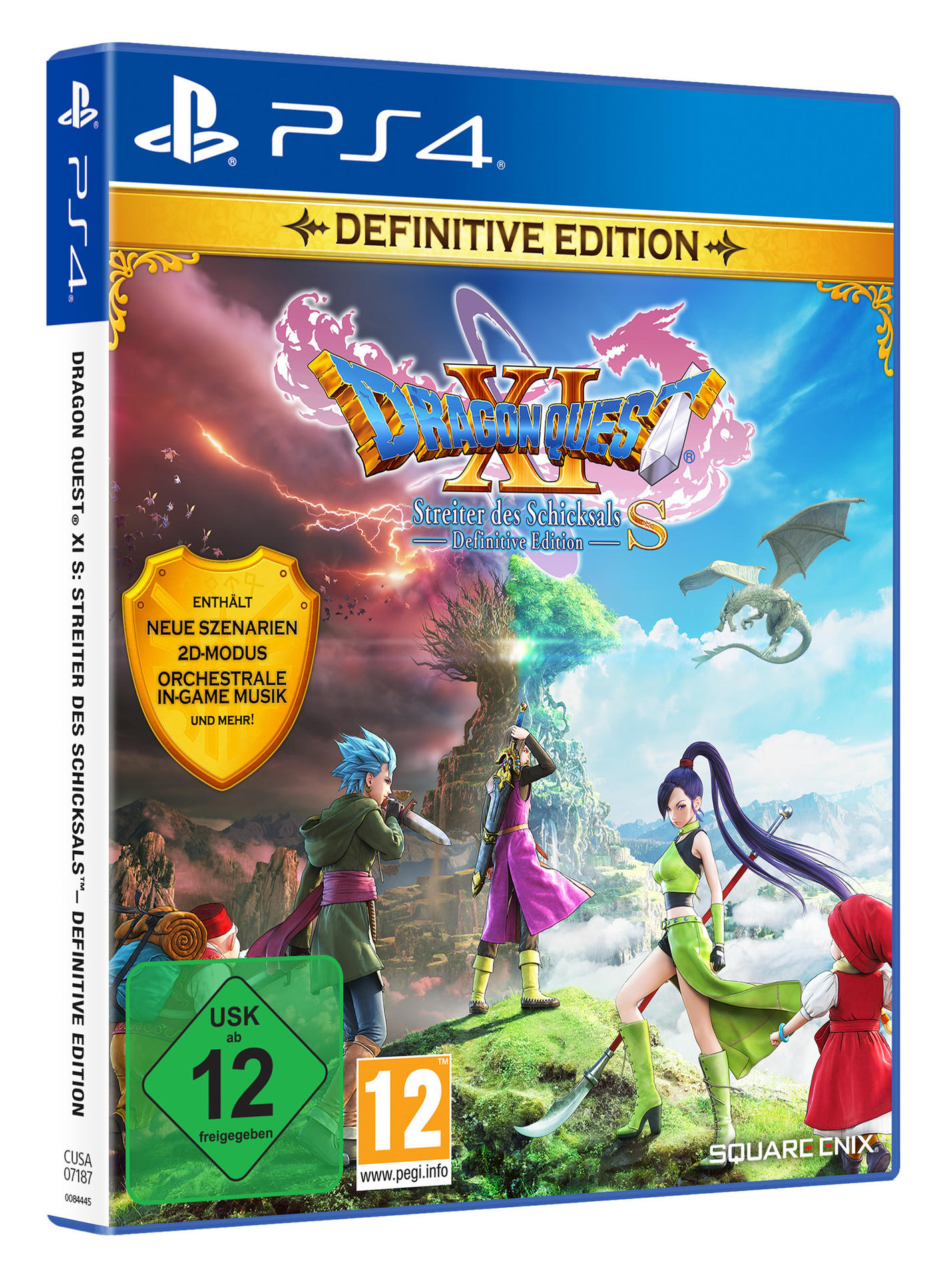 Spielbox. Dragon Quest XI, Charaktere und Drachen. PS4-Logo, definitive Edition-Text und Spieldetails sind vorhanden.