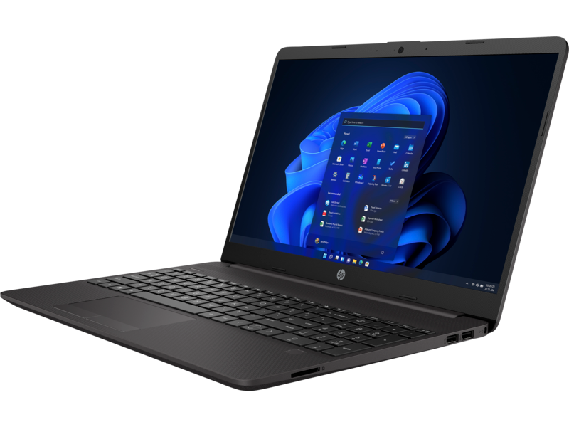 Un portátil negro con una pantalla que muestra la interfaz de Windows 11. El teclado es negro. Está abierto.