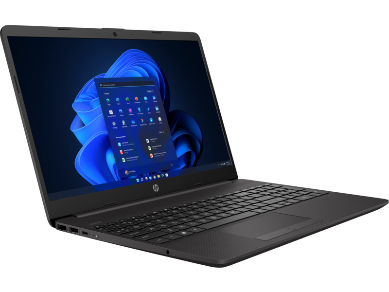 Portátil negro con interfaz de Windows 11 abierta. La pantalla muestra iconos de aplicaciones.
