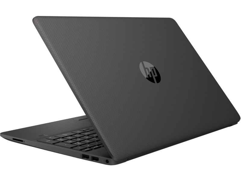 Un portátil gris oscuro cerrado. El logotipo de HP es visible en la tapa superior.