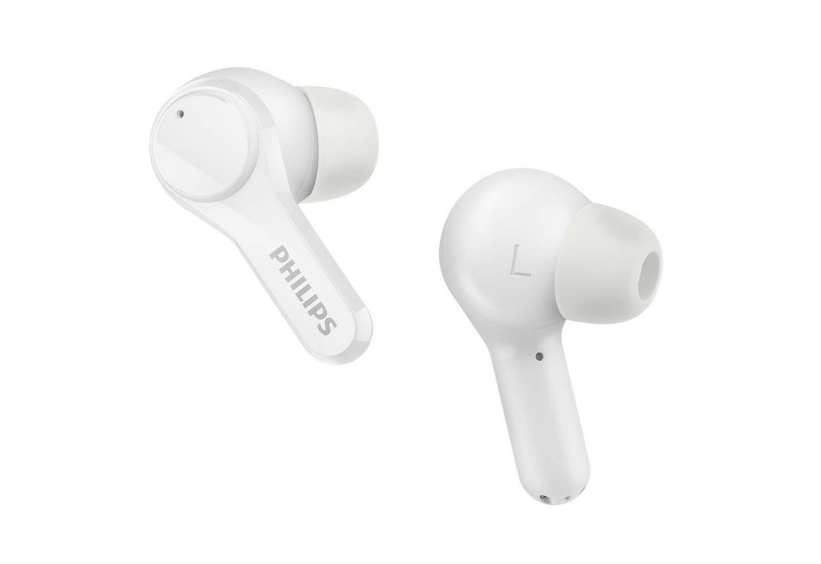 Zwei weiße Philips-Ohrhörer. Einer zeigt den Markennamen, der andere ein 'L'.