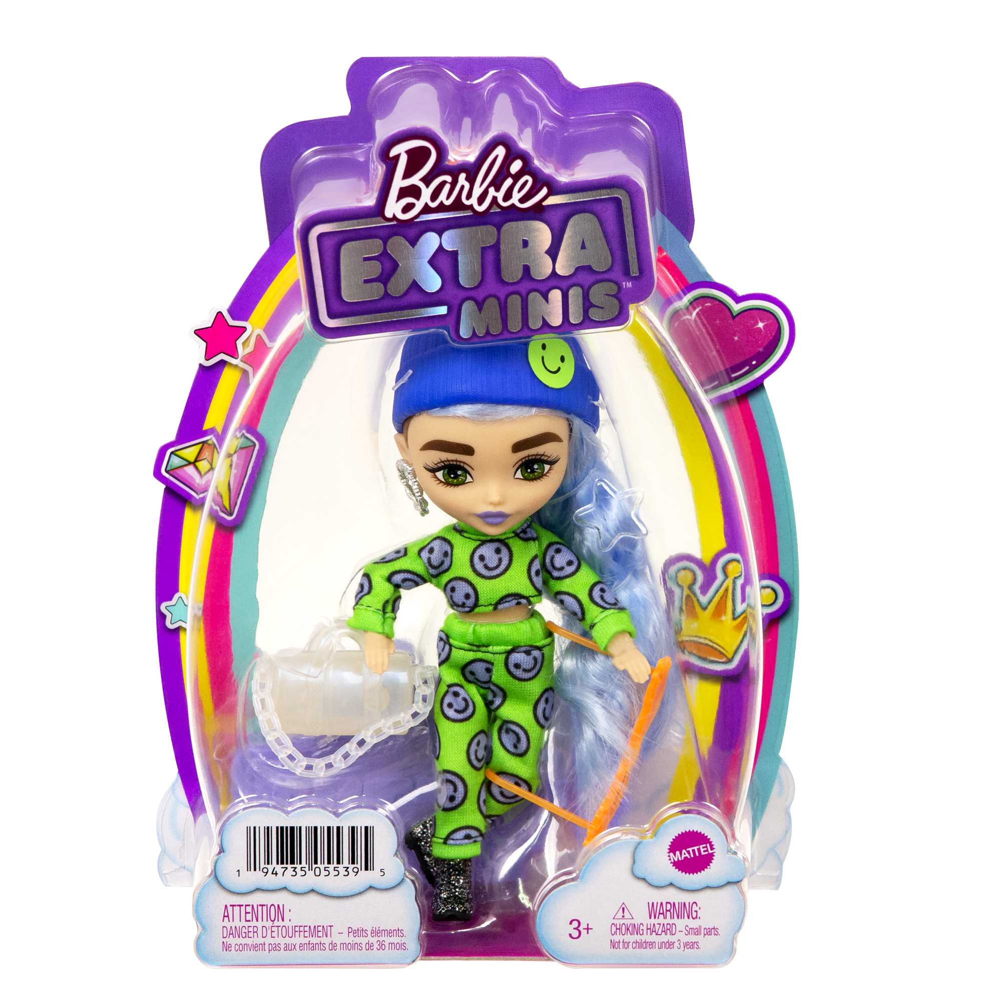 Barbie Extra Minis Puppe in Verpackung, mit Zubehör, trägt grünes Smiley-Outfit.