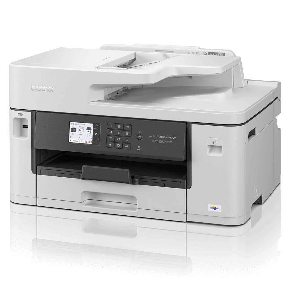 Weißer Brother-Drucker mit Touchscreen, Ziffernblock und Papierausgabefach.
