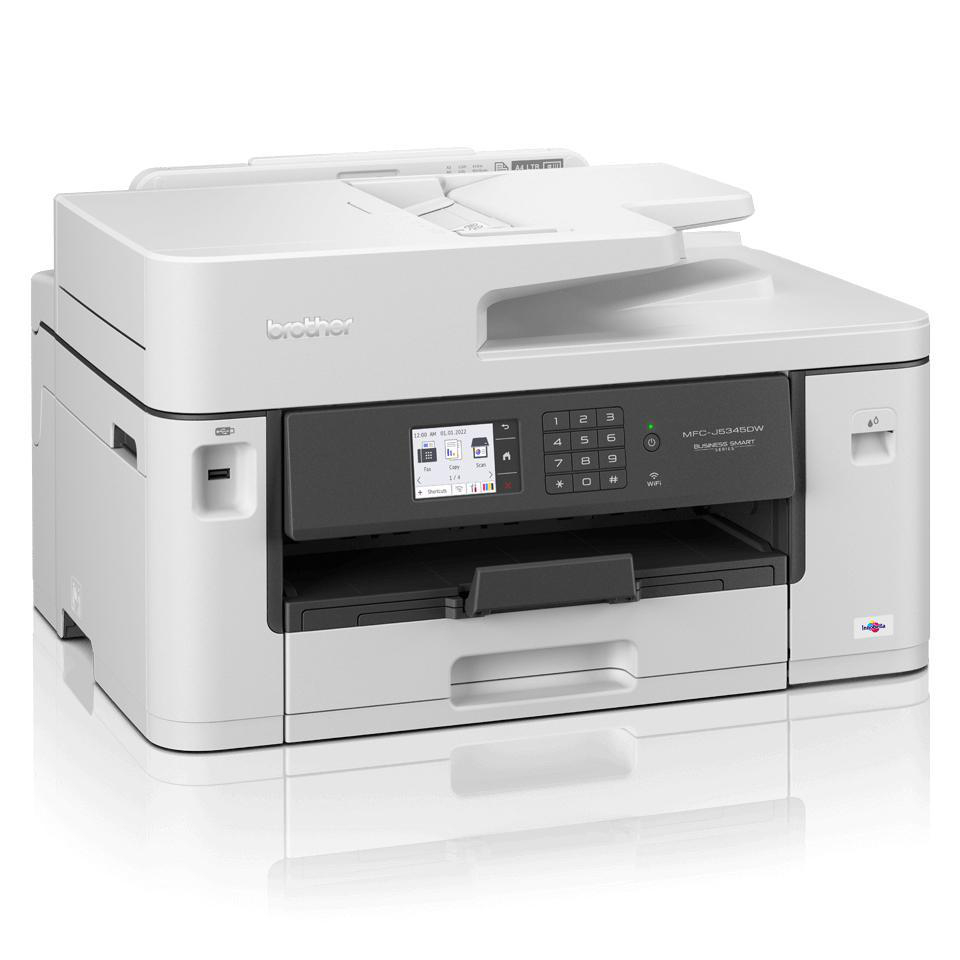 Weißer Brother-Multifunktionsdrucker. Er hat einen Bildschirm und ein Ziffernfeld.