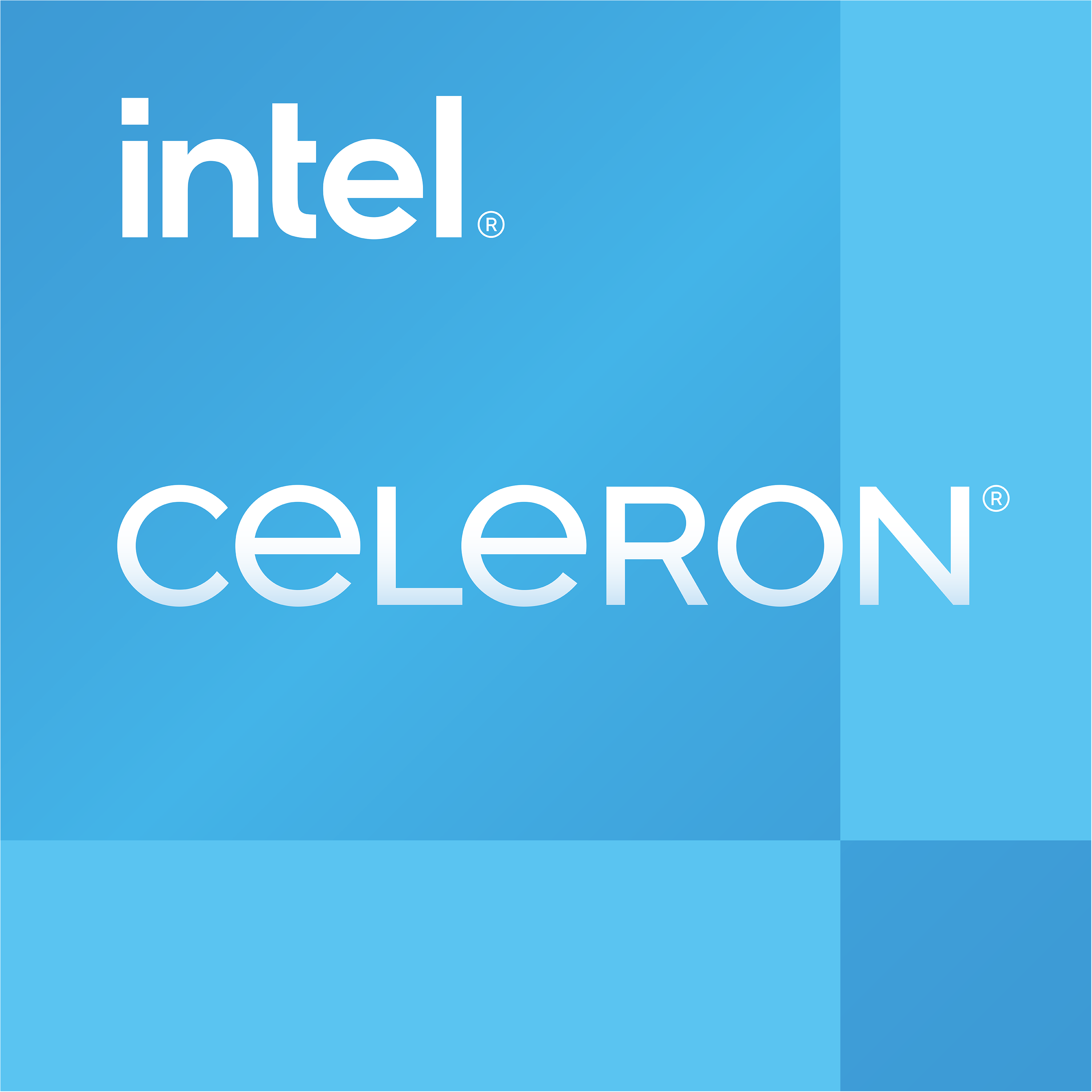 Logo Intel Celeron con sfondo blu.
